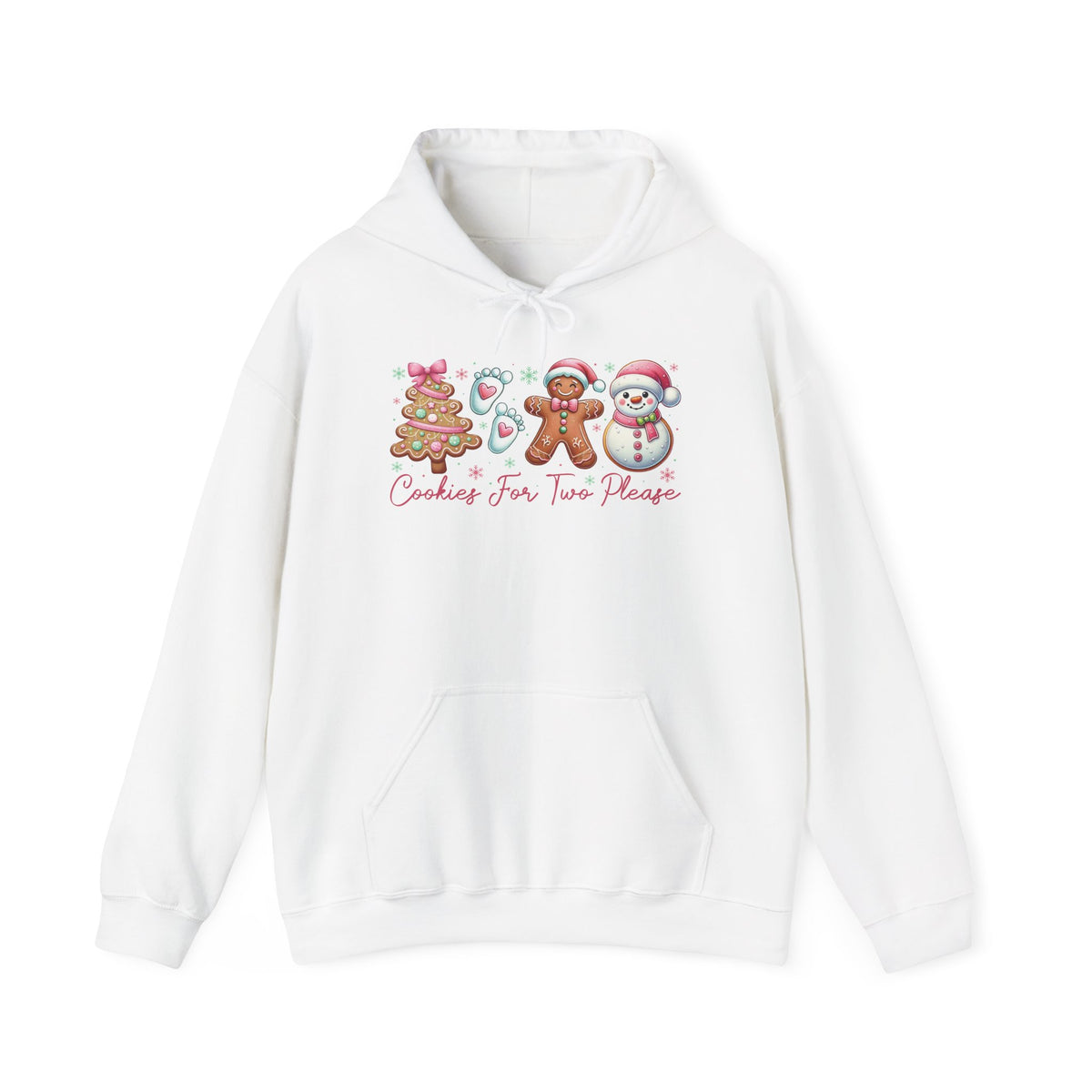 White Cookies For Two Please Christmas hoodie with gingerbread and snowman cookies in pink frosting, front view