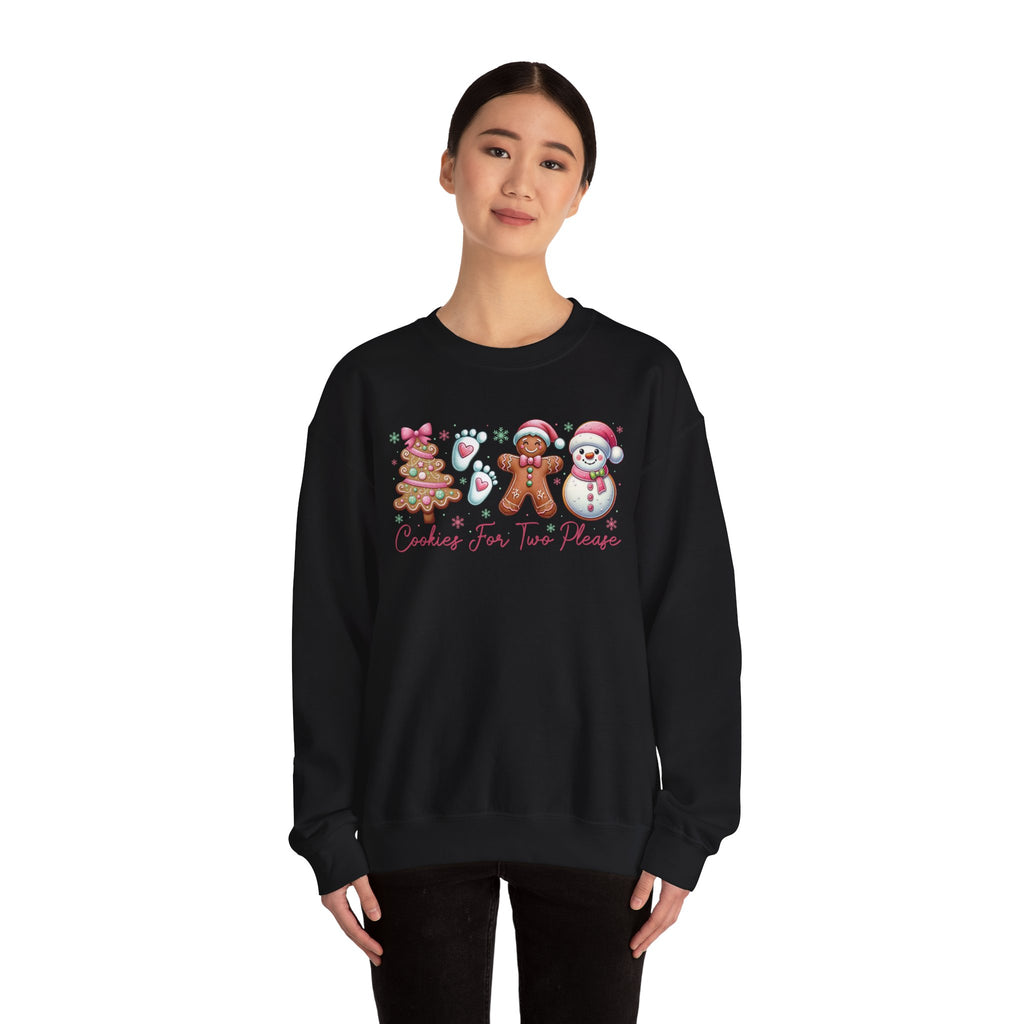 Model wearing the black Cookies For Two Please Christmas Sweatshirt