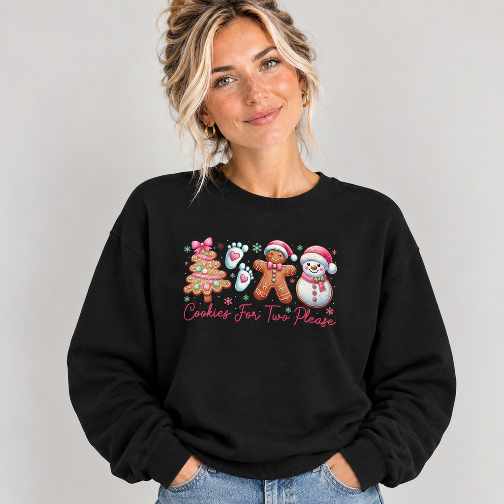 Woman wearing the Black Cookies For Two Please Christmas Sweatshirt with jeans