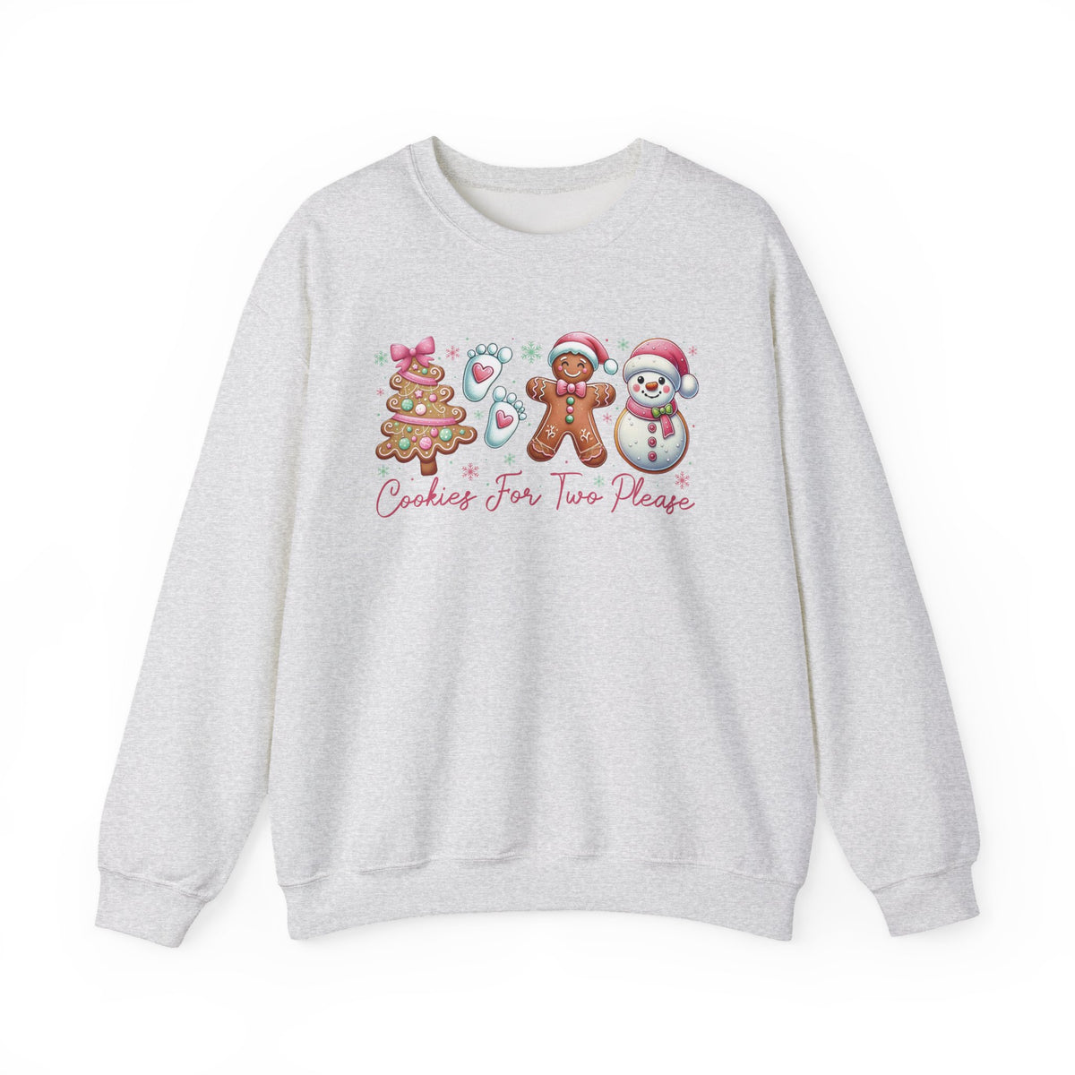 Ash Cookies For Two Please Christmas sweatshirt with gingerbread and snowman cookies in pink frosting, front view