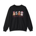 Black Cookies For Two Please Christmas sweatshirt with gingerbread and snowman cookies in pink frosting, front view