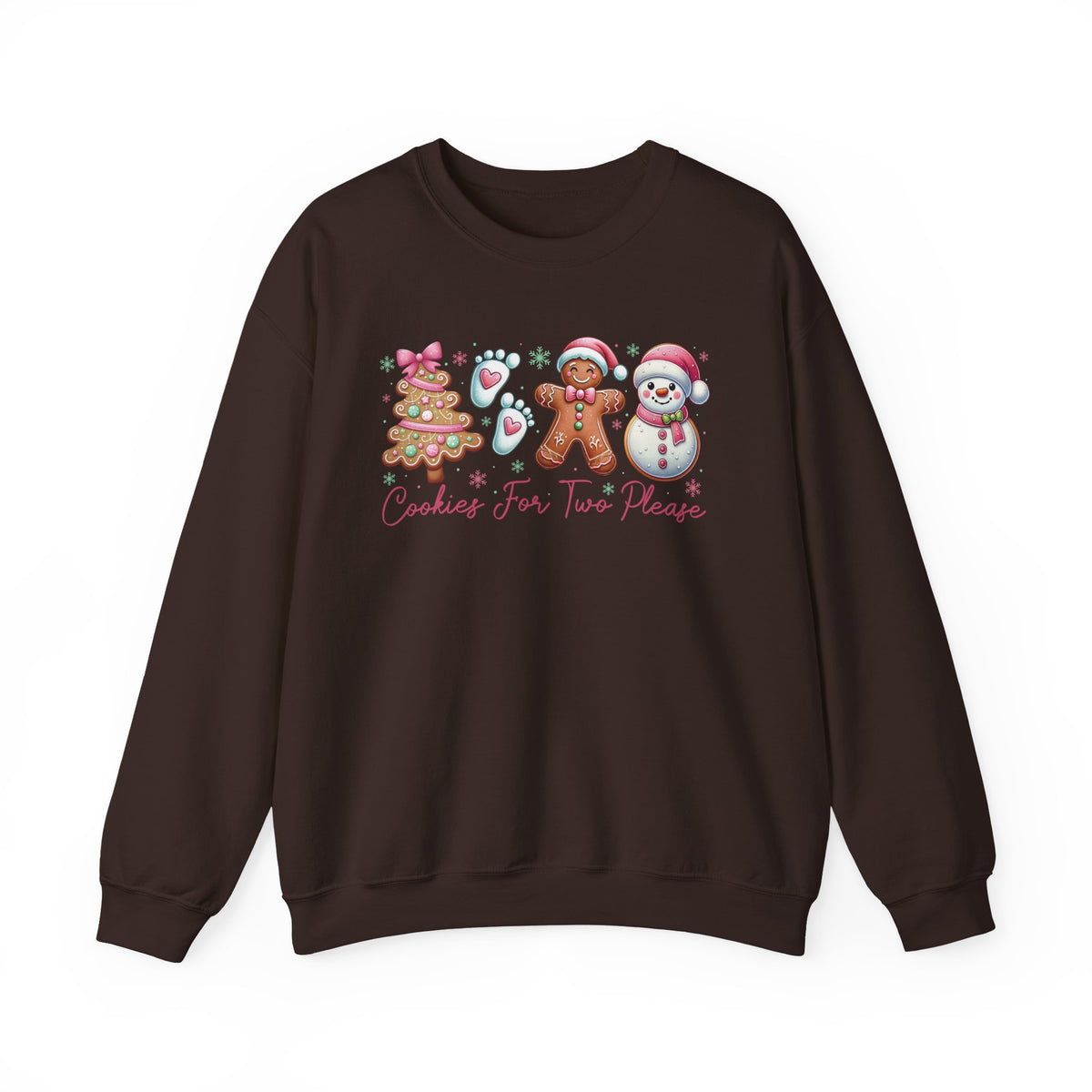 Dark Chocolate Cookies For Two Please Christmas sweatshirt with gingerbread and snowman cookies in pink frosting, front view