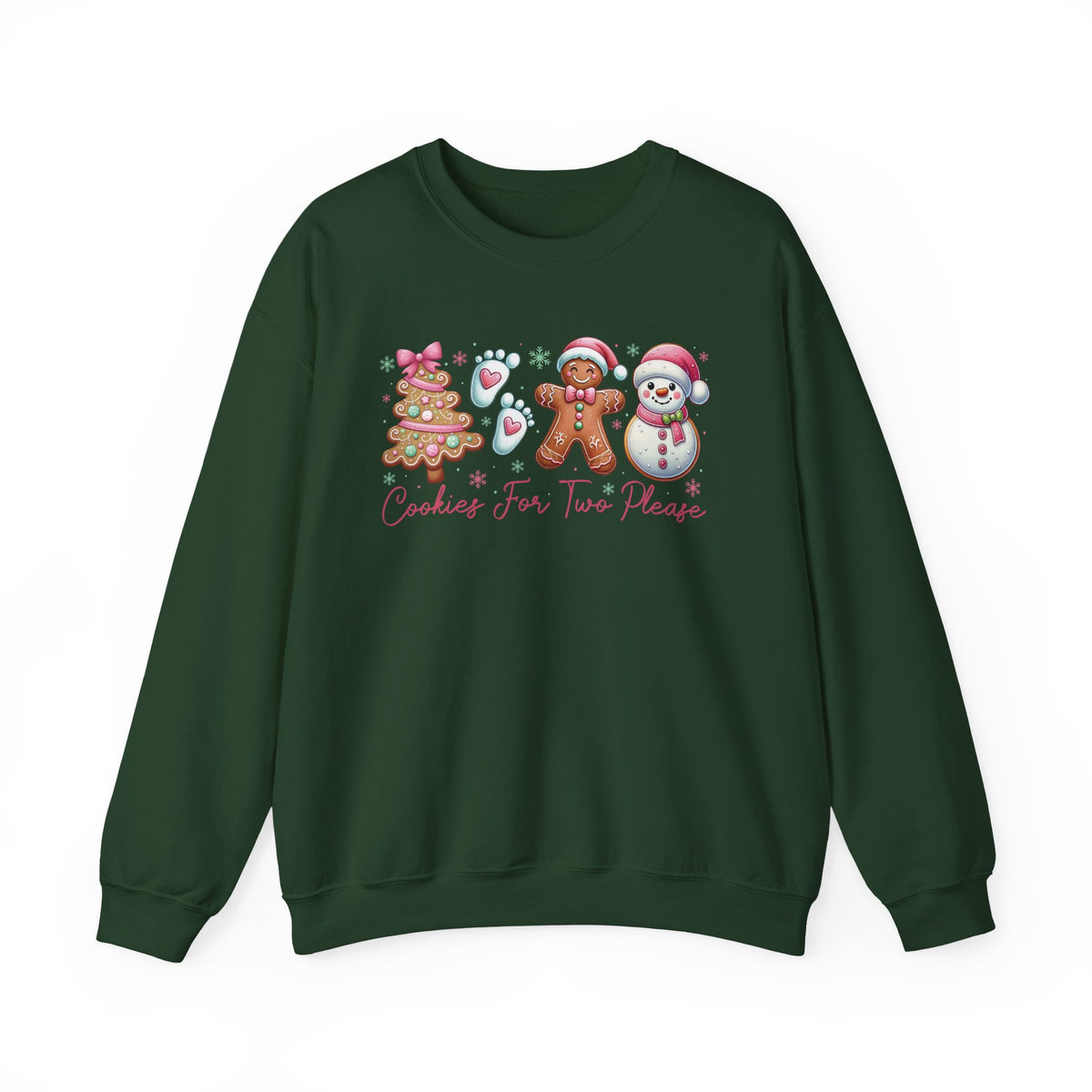 Forest Green Cookies For Two Please Christmas sweatshirt with gingerbread and snowman cookies in pink frosting, front view