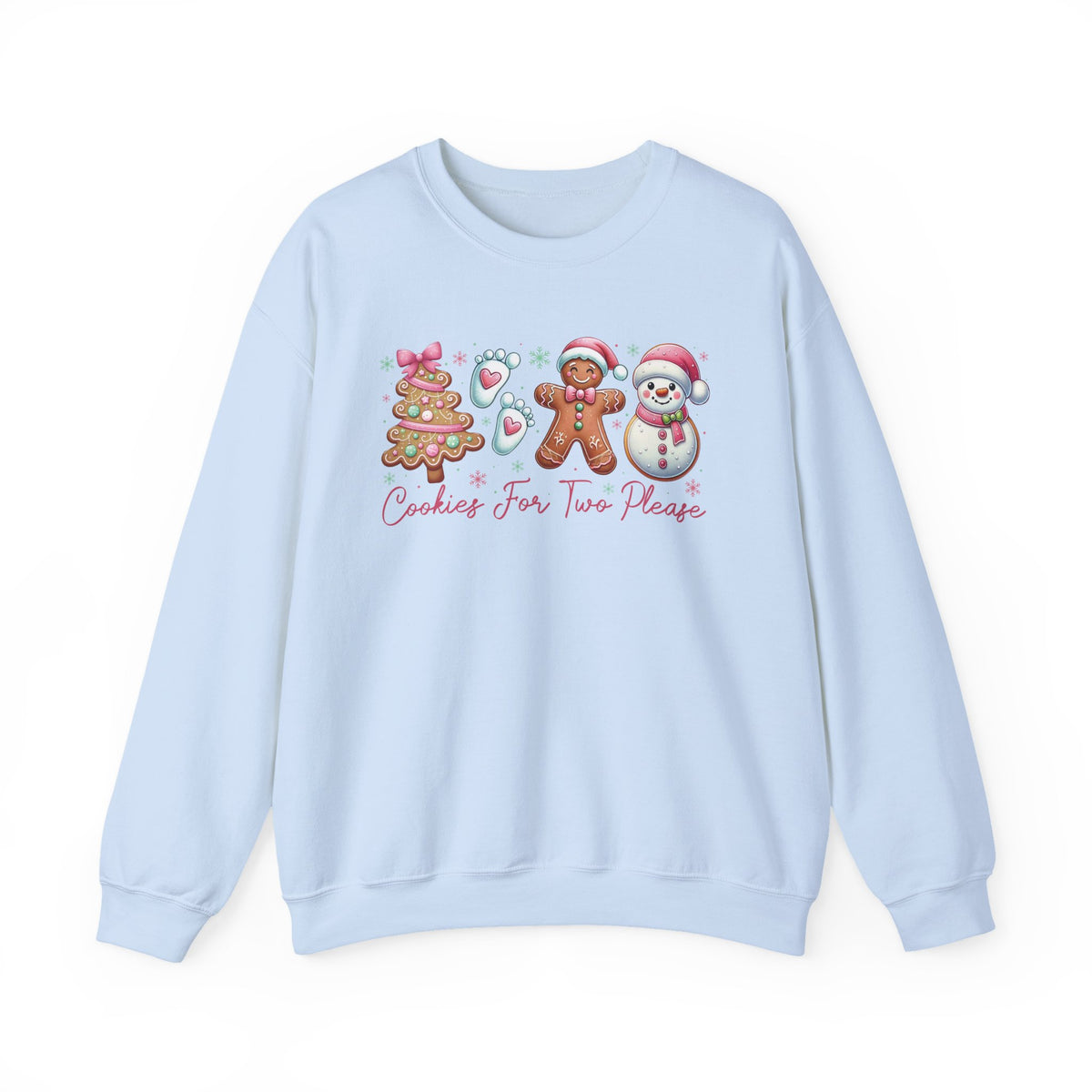 Light Blue Cookies For Two Please Christmas sweatshirt with gingerbread and snowman cookies in pink frosting, front view