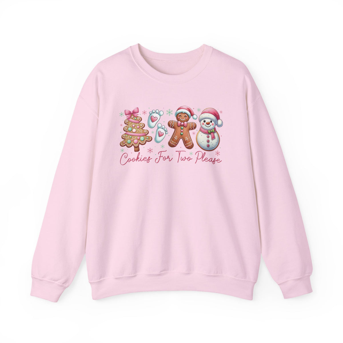 Light Pink Cookies For Two Please Christmas sweatshirt with gingerbread and snowman cookies in pink frosting, front view