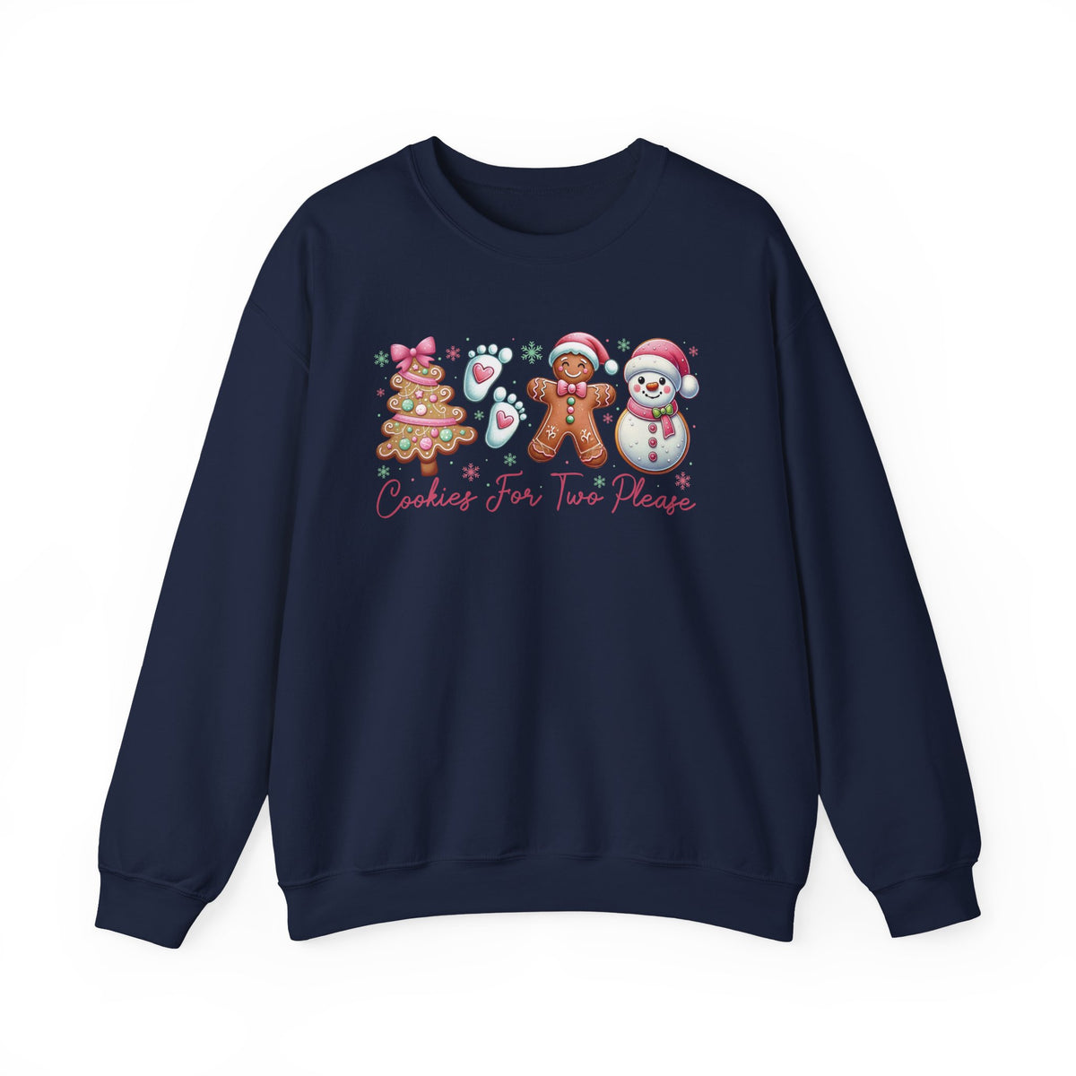 Navy Cookies For Two Please Christmas sweatshirt with gingerbread and snowman cookies in pink frosting, front view
