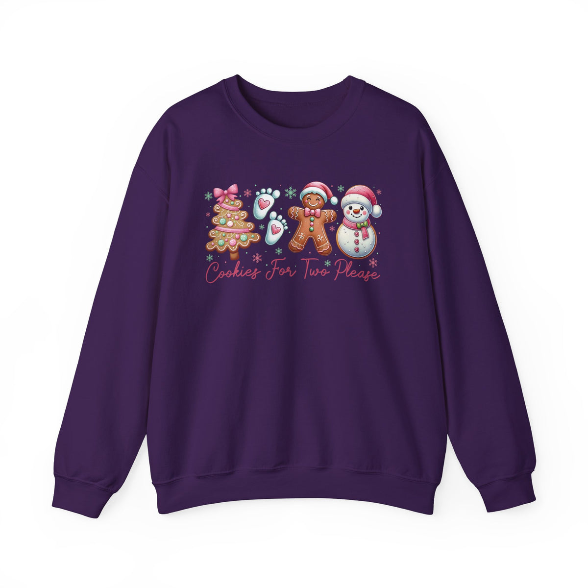 Purple Cookies For Two Please Christmas sweatshirt with gingerbread and snowman cookies in pink frosting, front view