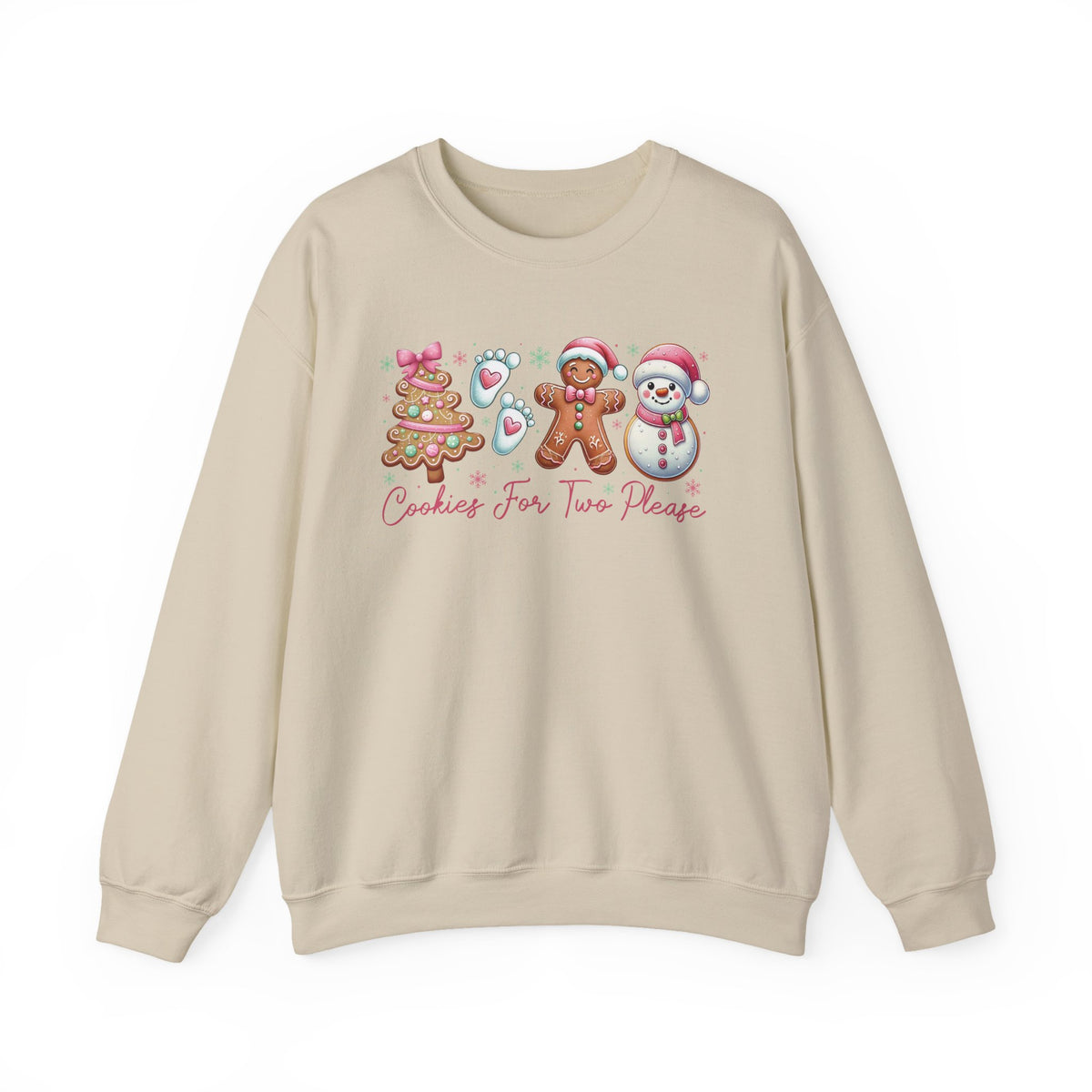 Sand Cookies For Two Please Christmas sweatshirt with gingerbread and snowman cookies in pink frosting, front view