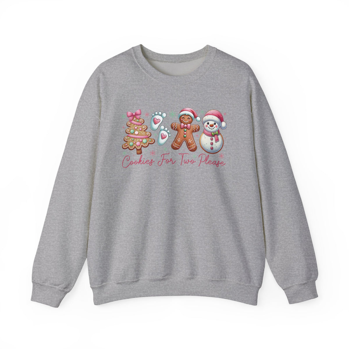Sport Grey Cookies For Two Please Christmas sweatshirt with gingerbread and snowman cookies in pink frosting, front view