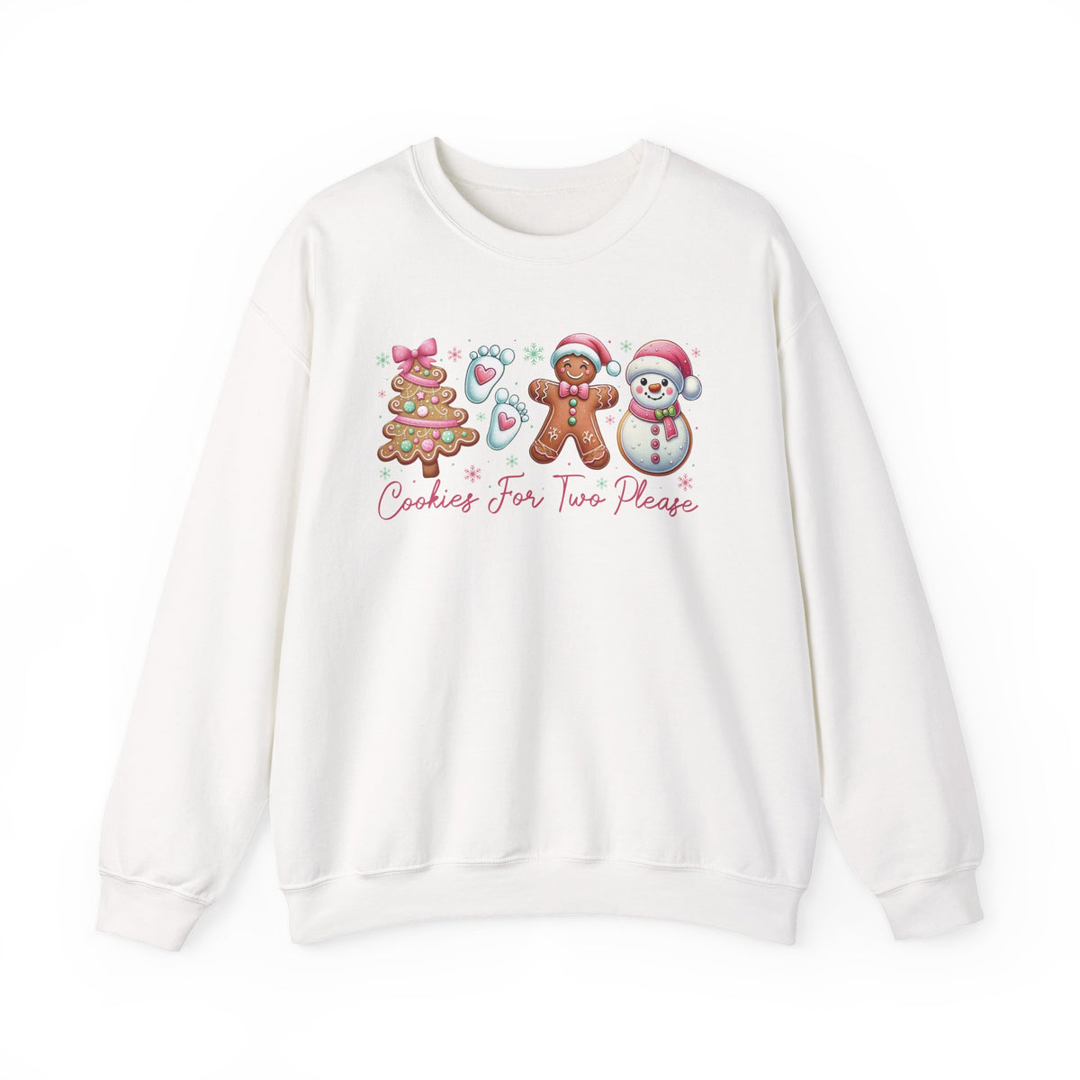 White Cookies For Two Please Christmas sweatshirt with gingerbread and snowman cookies in pink frosting, front view