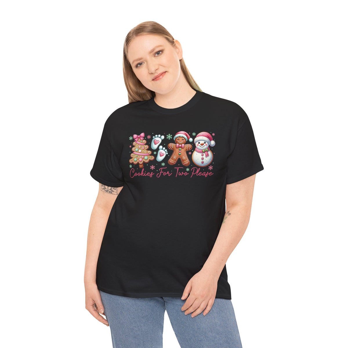 Model wearing the black Cookies For Two Please Christmas T-Shirt