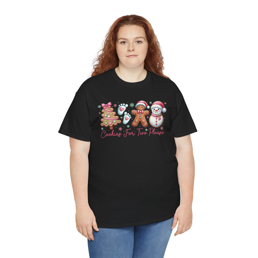Model wearing the black Cookies For Two Please Christmas T-Shirt