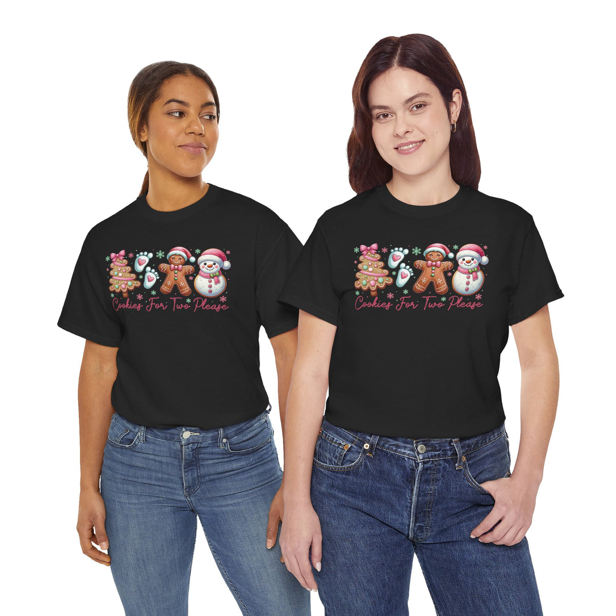 Model wearing the black Cookies For Two Please Christmas T-Shirt