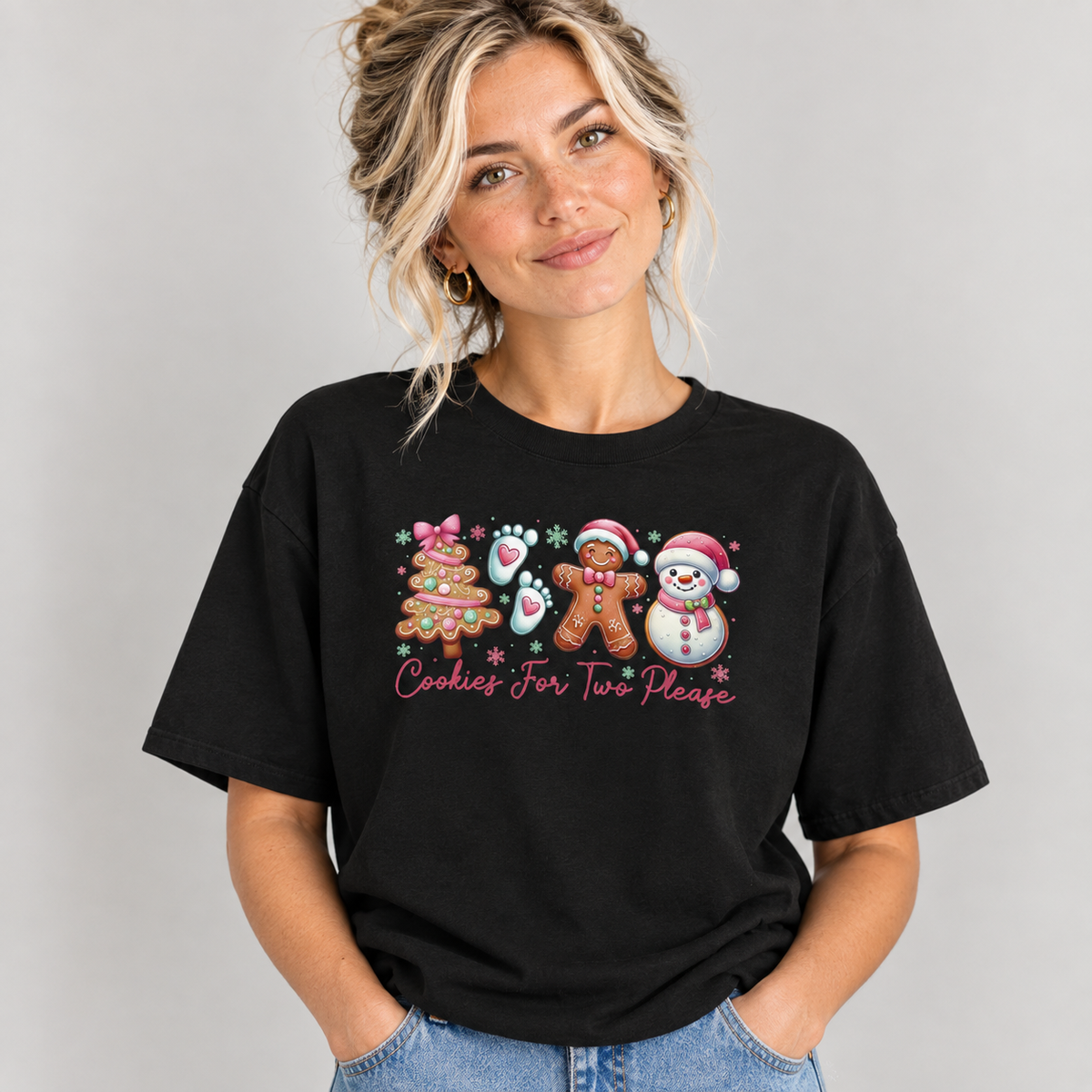 Woman wearing the Black Cookies For Two Please Christmas T-Shirt with jeans