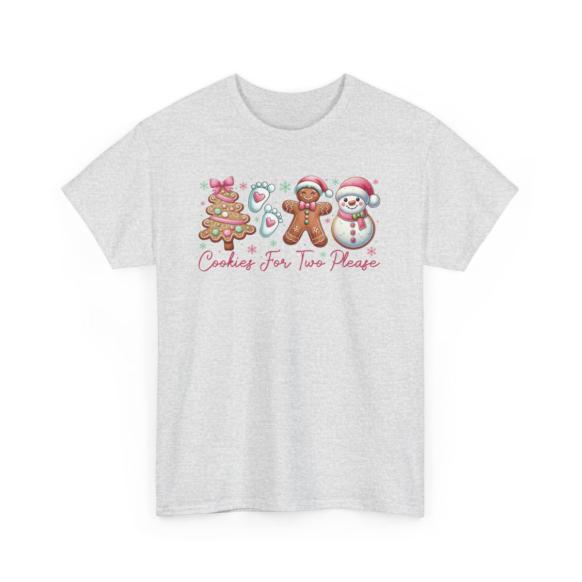 Ash Cookies For Two Please Christmas t-shirt with gingerbread and snowman cookies in pink frosting, front view