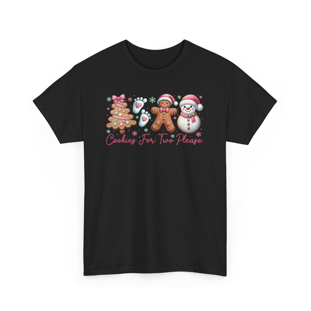 Black Cookies For Two Please Christmas t-shirt with gingerbread and snowman cookies in pink frosting, front view