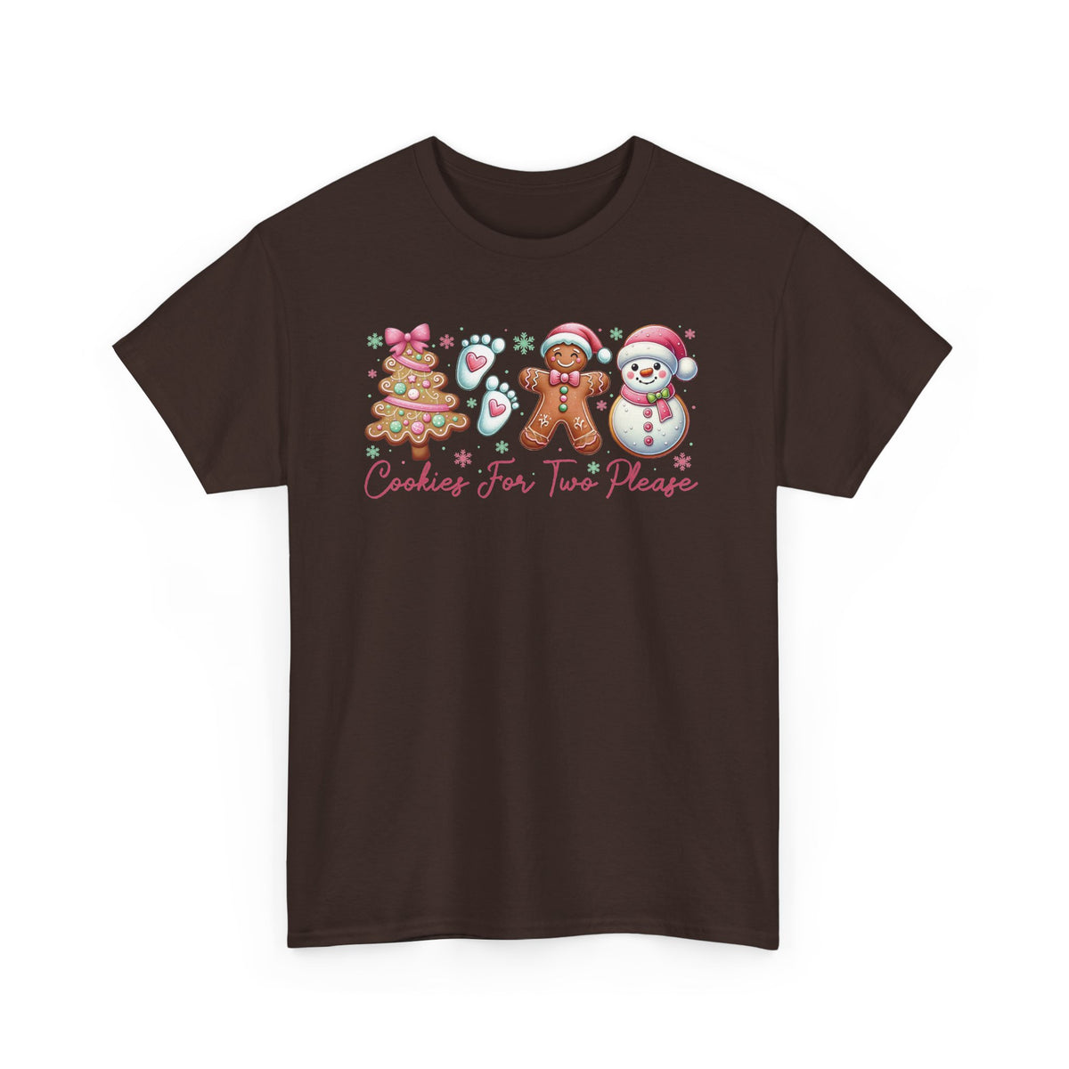 Dark Chocolate Cookies For Two Please Christmas t-shirt with gingerbread and snowman cookies in pink frosting, front view