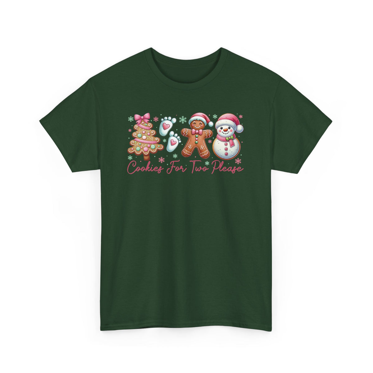Forest Green Cookies For Two Please Christmas t-shirt with gingerbread and snowman cookies in pink frosting, front view