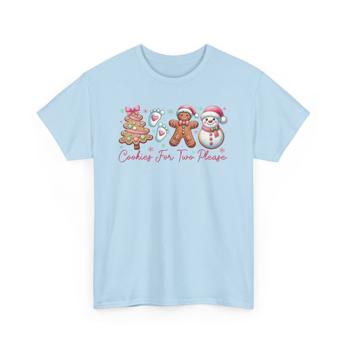 Light Blue Cookies For Two Please Christmas t-shirt with gingerbread and snowman cookies in pink frosting, front view