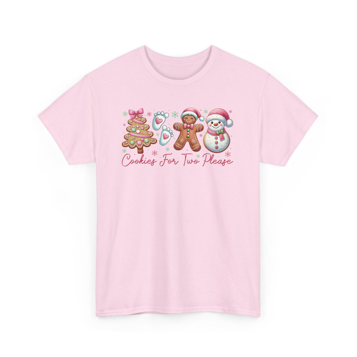 Light Pink Cookies For Two Please Christmas t-shirt with gingerbread and snowman cookies in pink frosting, front view