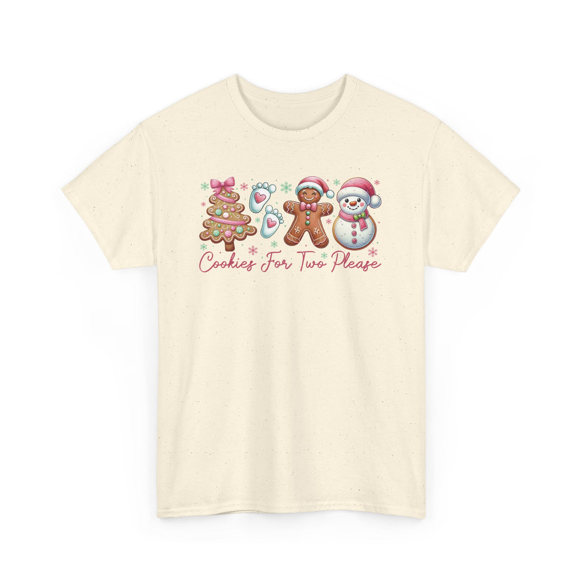 Natural Cookies For Two Please Christmas t-shirt with gingerbread and snowman cookies in pink frosting, front view