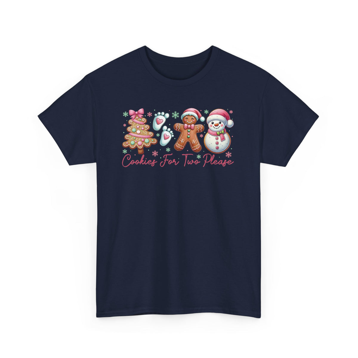 Navy Cookies For Two Please Christmas t-shirt with gingerbread and snowman cookies in pink frosting, front view