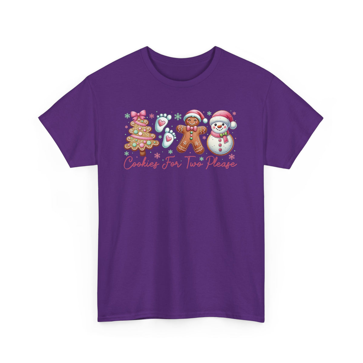Purple Cookies For Two Please Christmas t-shirt with gingerbread and snowman cookies in pink frosting, front view