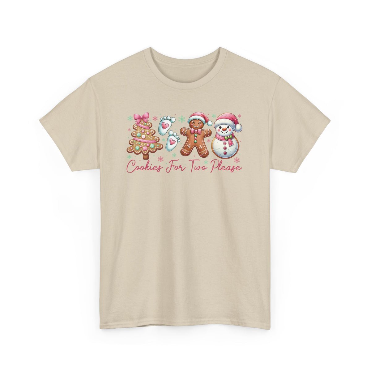 Sand Cookies For Two Please Christmas t-shirt with gingerbread and snowman cookies in pink frosting, front view