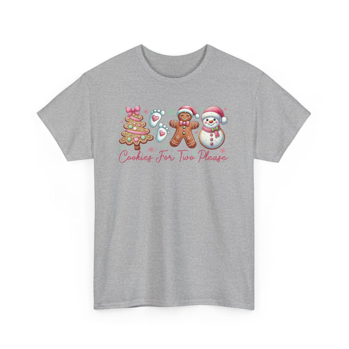 Sport Grey Cookies For Two Please Christmas t-shirt with gingerbread and snowman cookies in pink frosting, front view