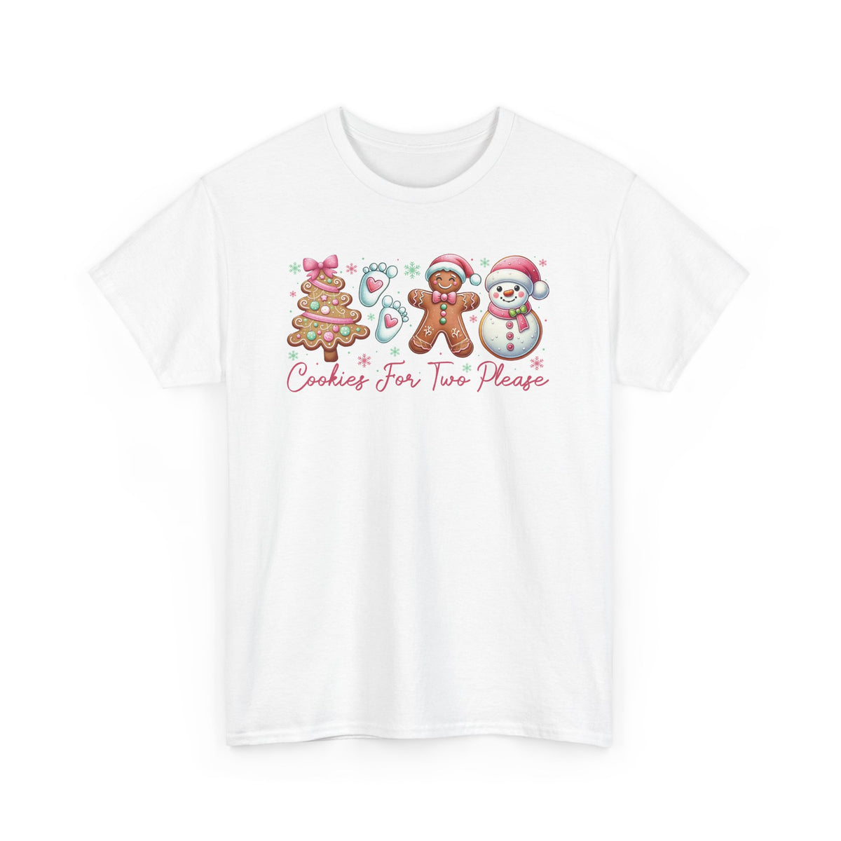 White Cookies For Two Please Christmas t-shirt with gingerbread and snowman cookies in pink frosting, front view