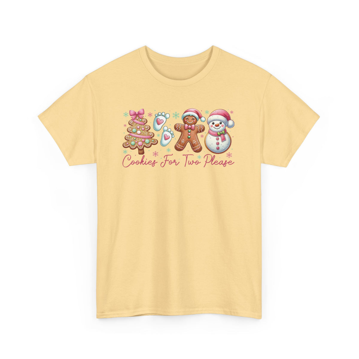 Yellow Haze Cookies For Two Please Christmas t-shirt with gingerbread and snowman cookies in pink frosting, front view