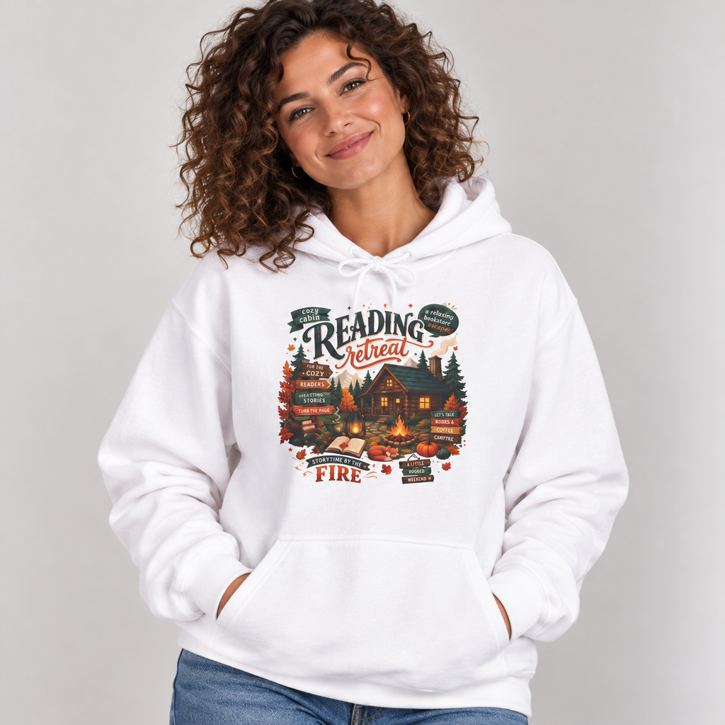 Woman wearing the White Cozy Cabin Reading Retreat Hoodie with jeans