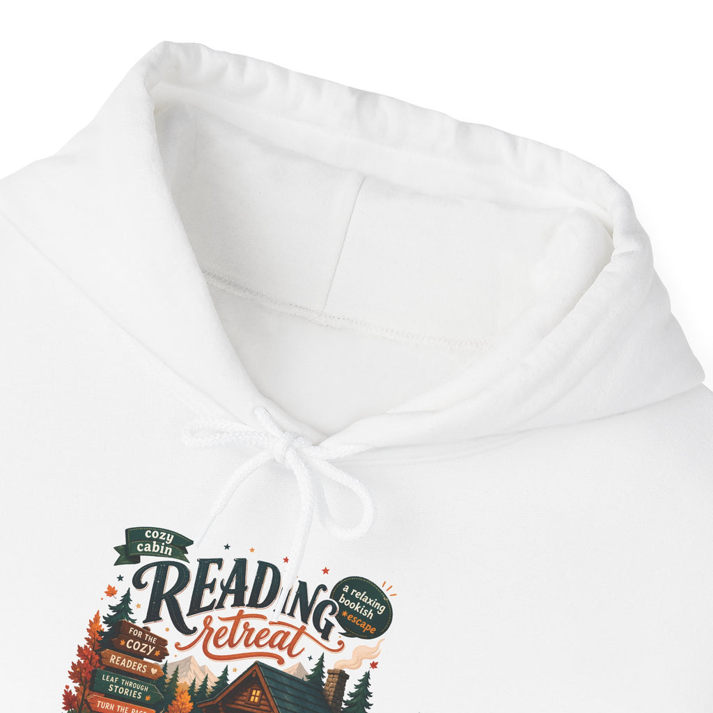 Cozy Cabin Reading Retreat Hoodie, front collar close-up