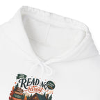 Cozy Cabin Reading Retreat Hoodie, front collar close-up