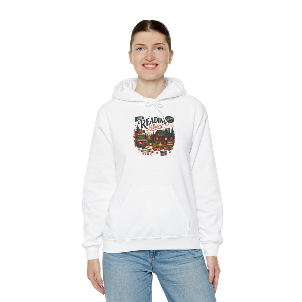 Model wearing the white Cozy Cabin Reading Retreat Hoodie