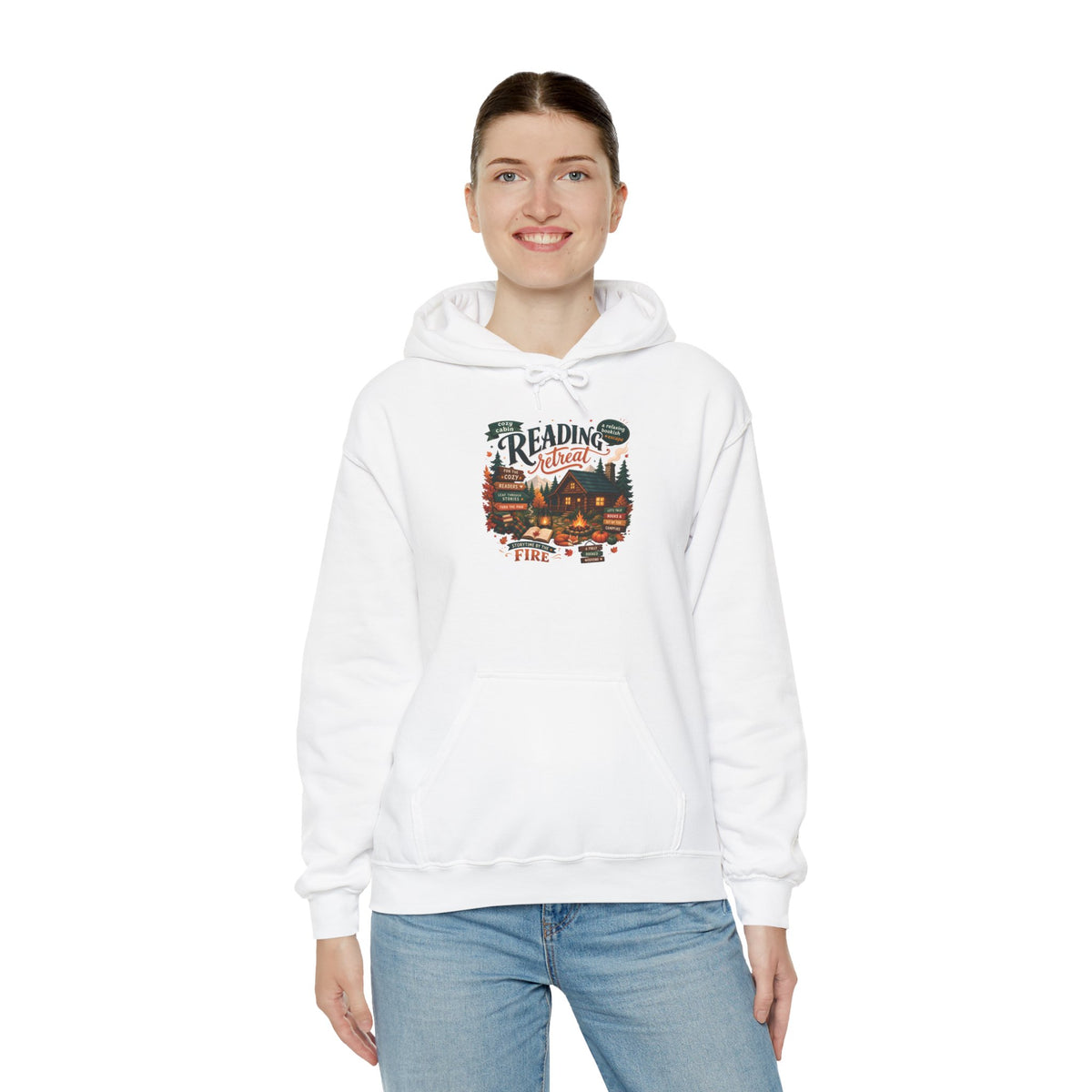 Model wearing the white Cozy Cabin Reading Retreat Hoodie