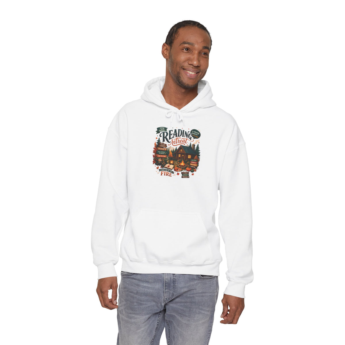 Model wearing the white Cozy Cabin Reading Retreat Hoodie