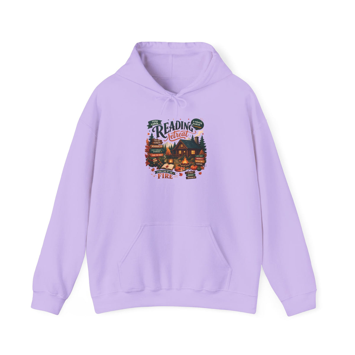 Orchid Cozy Cabin Reading Retreat hoodie with a glowing log cabin in the pines, stacks of books and a crackling fire, front view