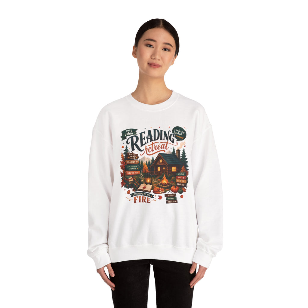 Model wearing the white Cozy Cabin Reading Retreat Sweatshirt