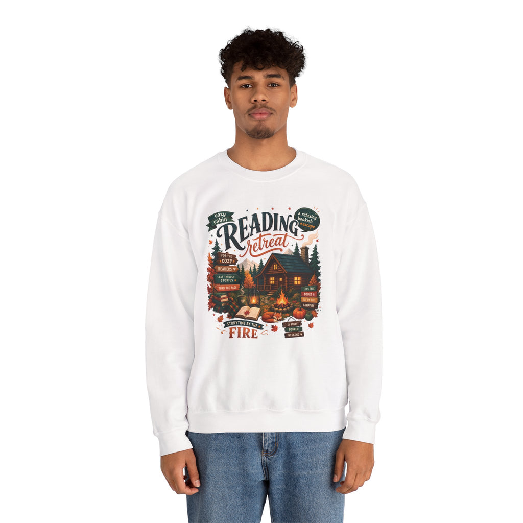 Model wearing the white Cozy Cabin Reading Retreat Sweatshirt