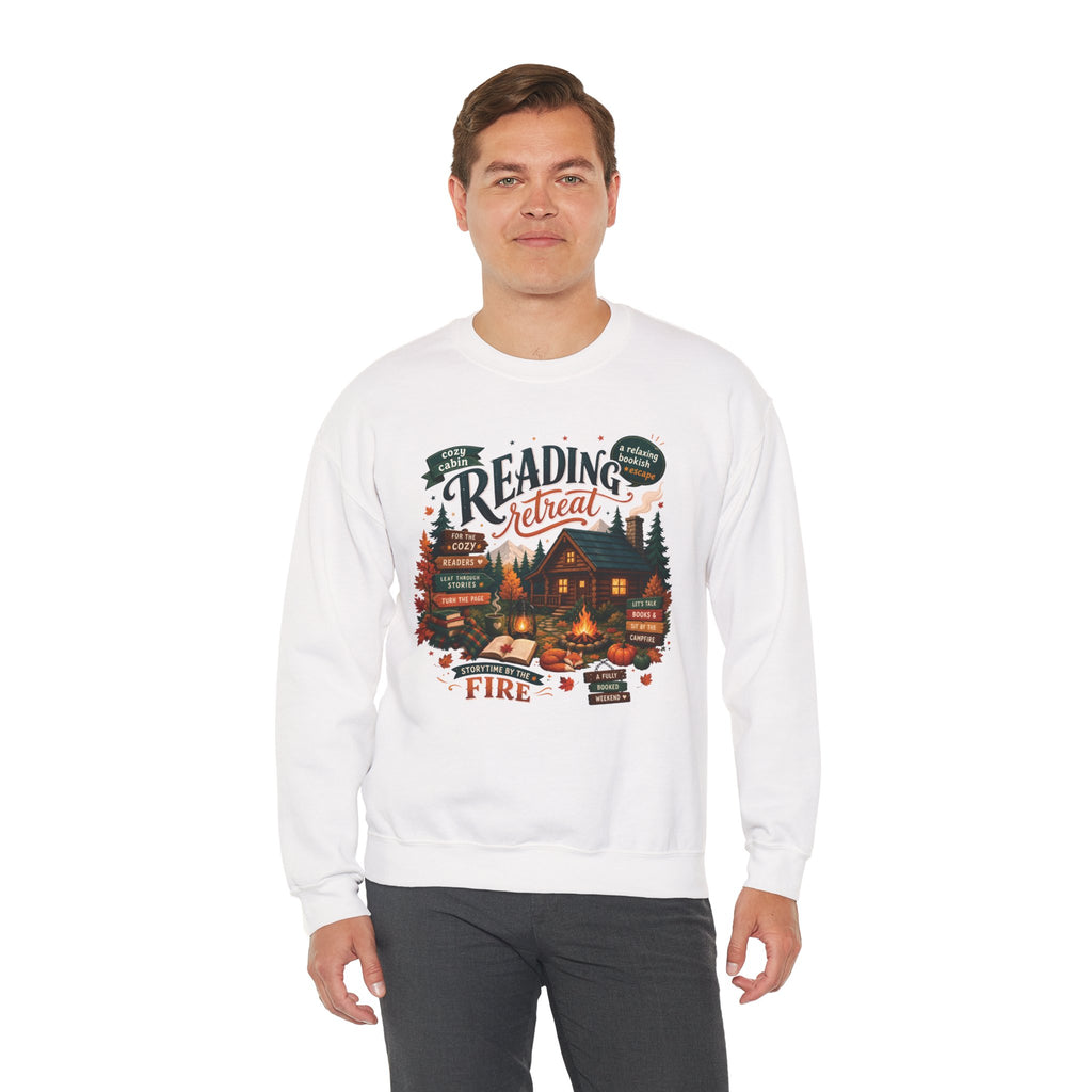 Model wearing the white Cozy Cabin Reading Retreat Sweatshirt