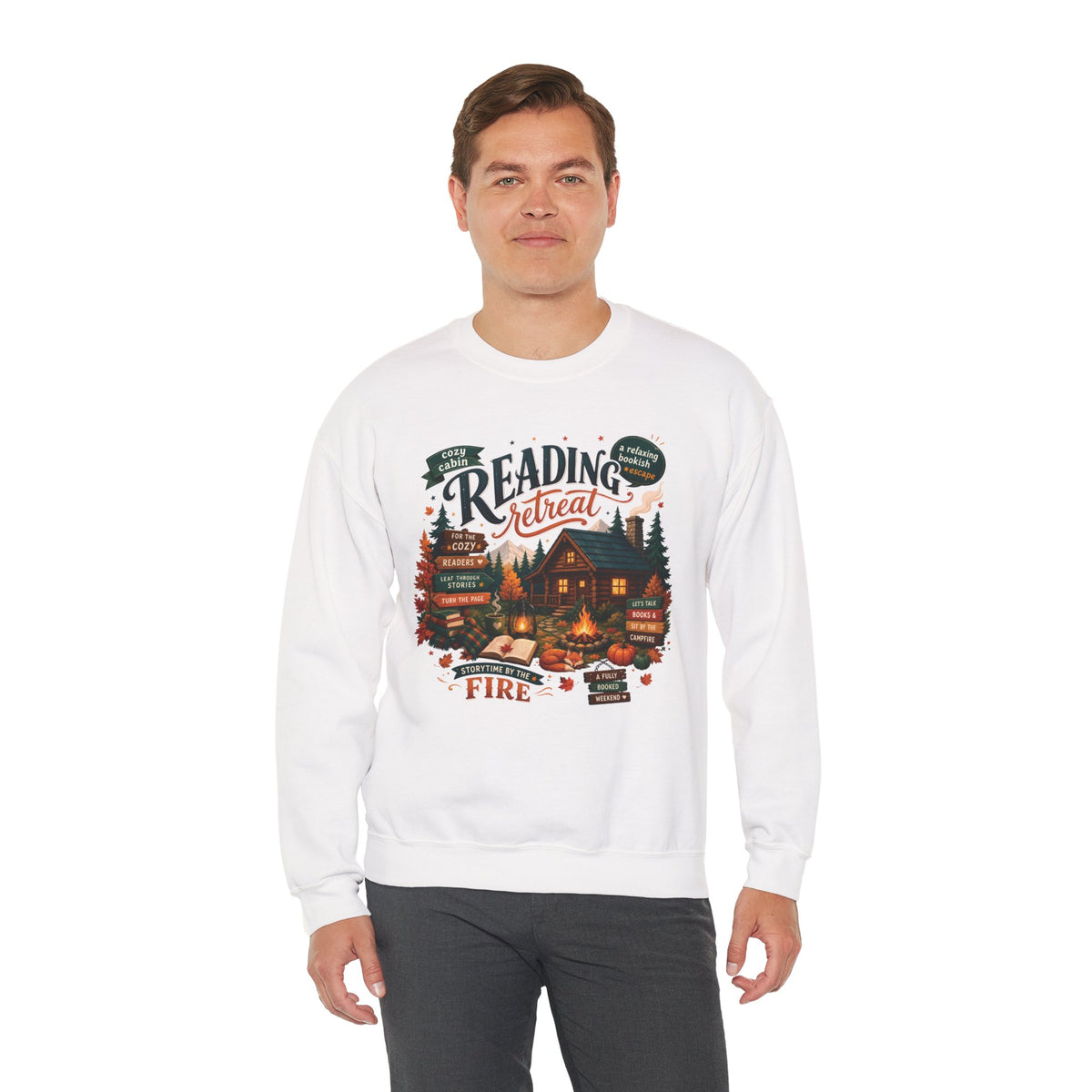 Model wearing the white Cozy Cabin Reading Retreat Sweatshirt
