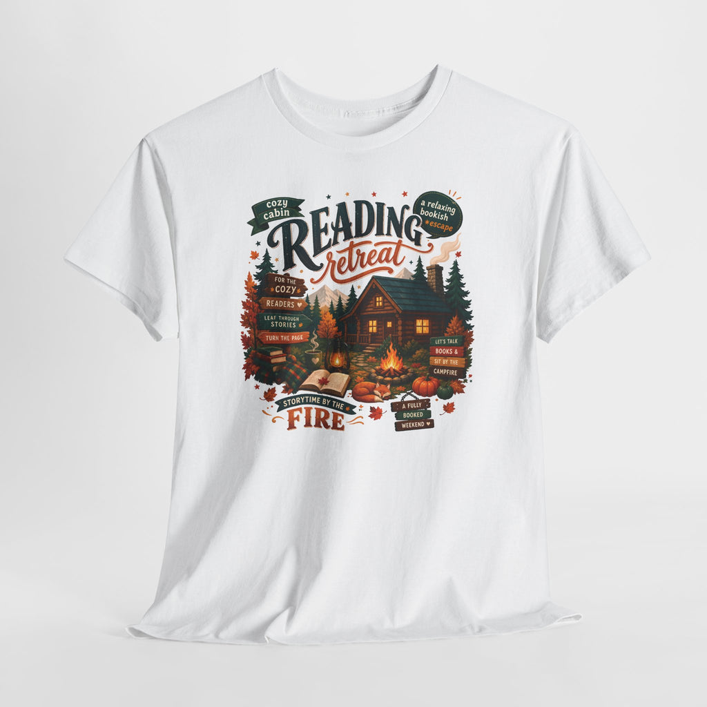 Cozy Cabin Reading Retreat T-Shirt, flat lay