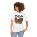 Model wearing the white Cozy Cabin Reading Retreat T-Shirt