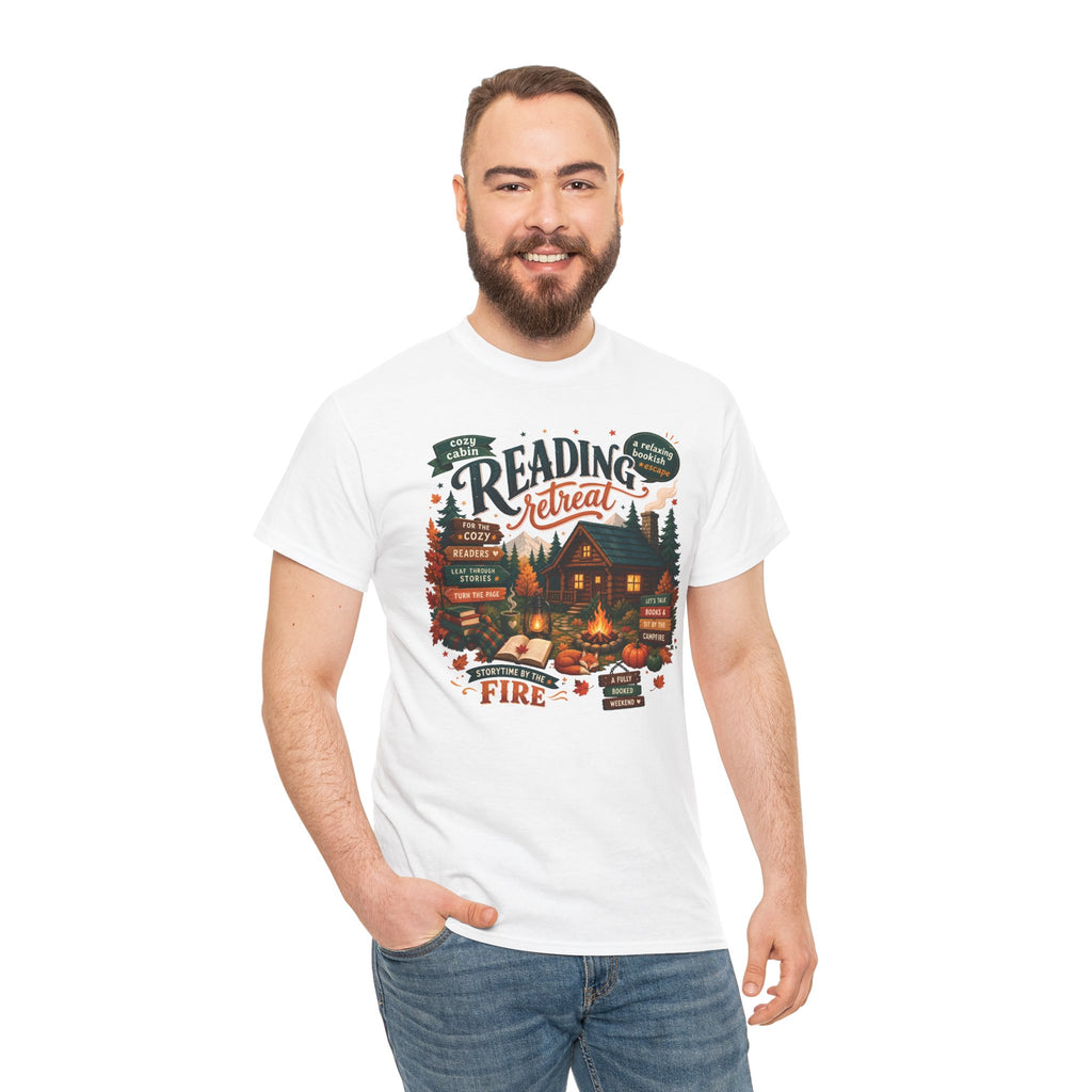 Model wearing the white Cozy Cabin Reading Retreat T-Shirt
