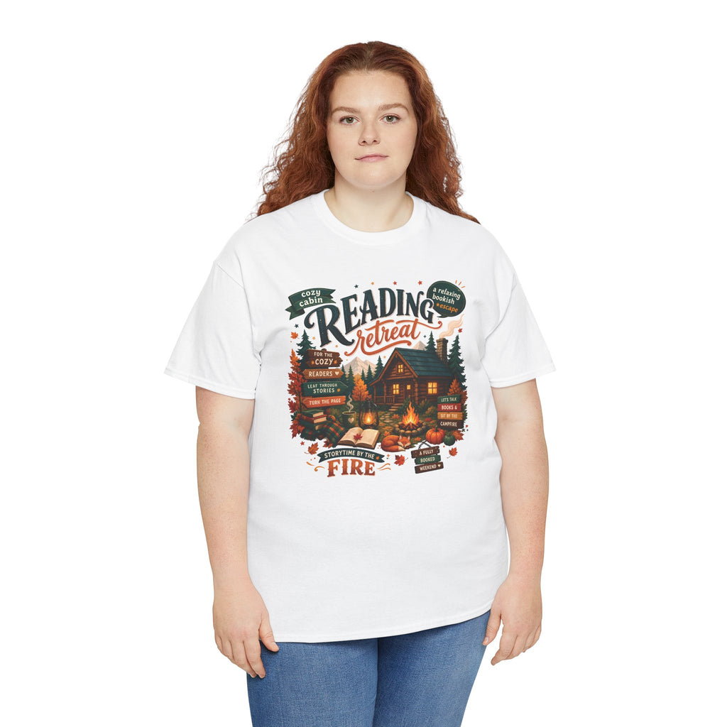 Model wearing the white Cozy Cabin Reading Retreat T-Shirt