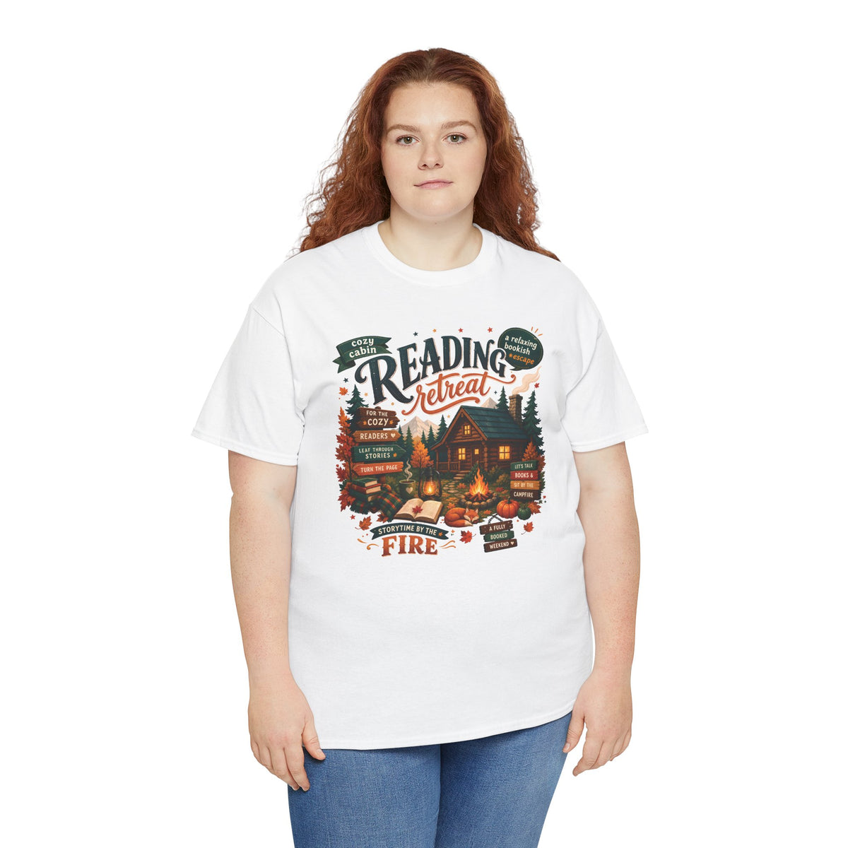 Model wearing the white Cozy Cabin Reading Retreat T-Shirt