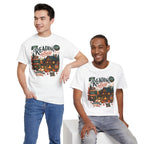 Model wearing the white Cozy Cabin Reading Retreat T-Shirt