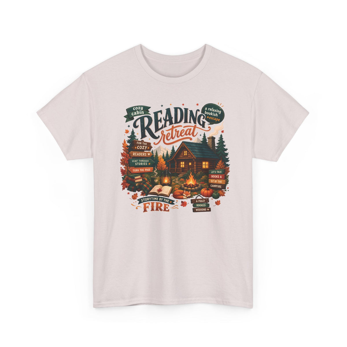 Ice Grey Cozy Cabin Reading Retreat t-shirt with a glowing log cabin in the pines, stacks of books and a crackling fire, front view