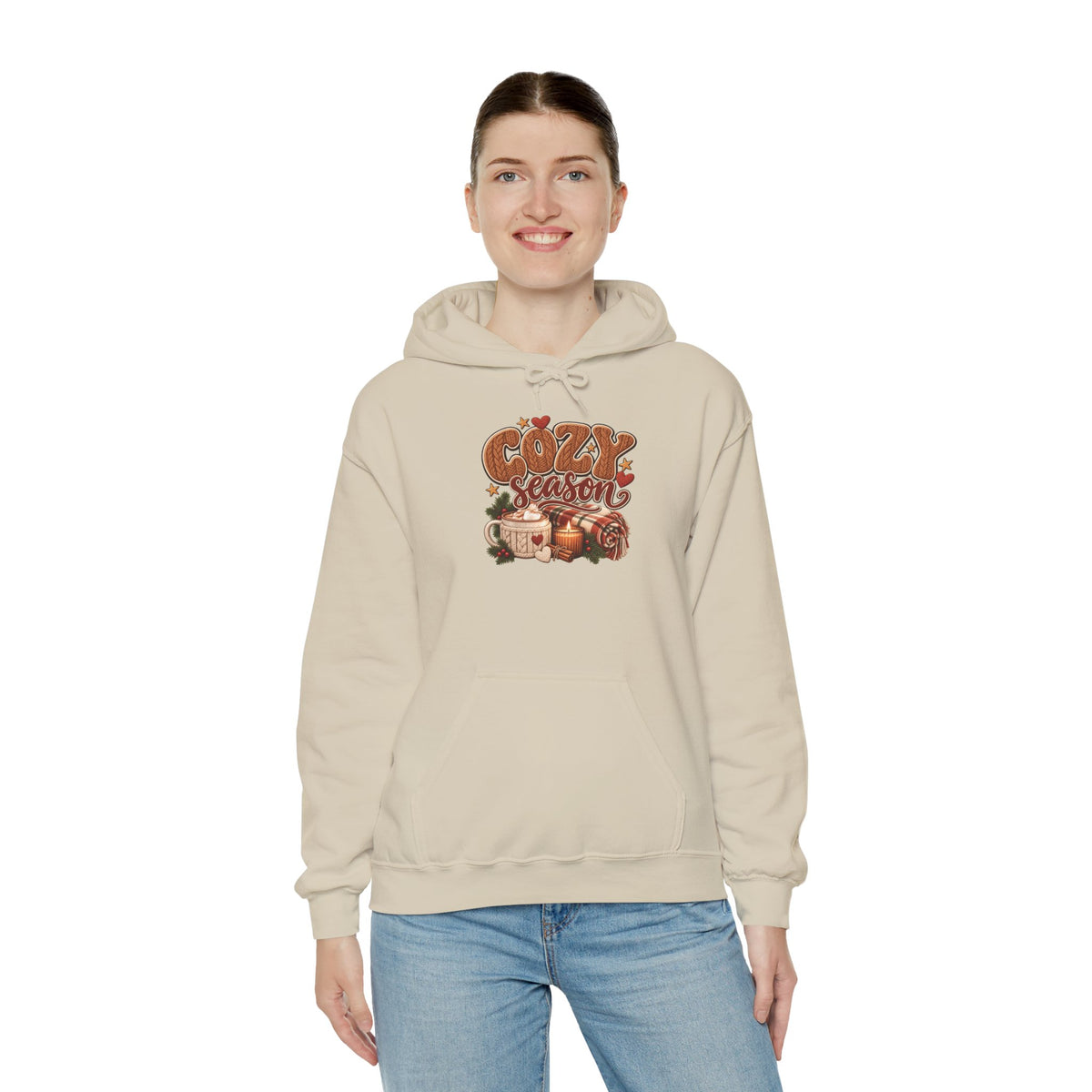 Model wearing the sand Cozy Season Hoodie